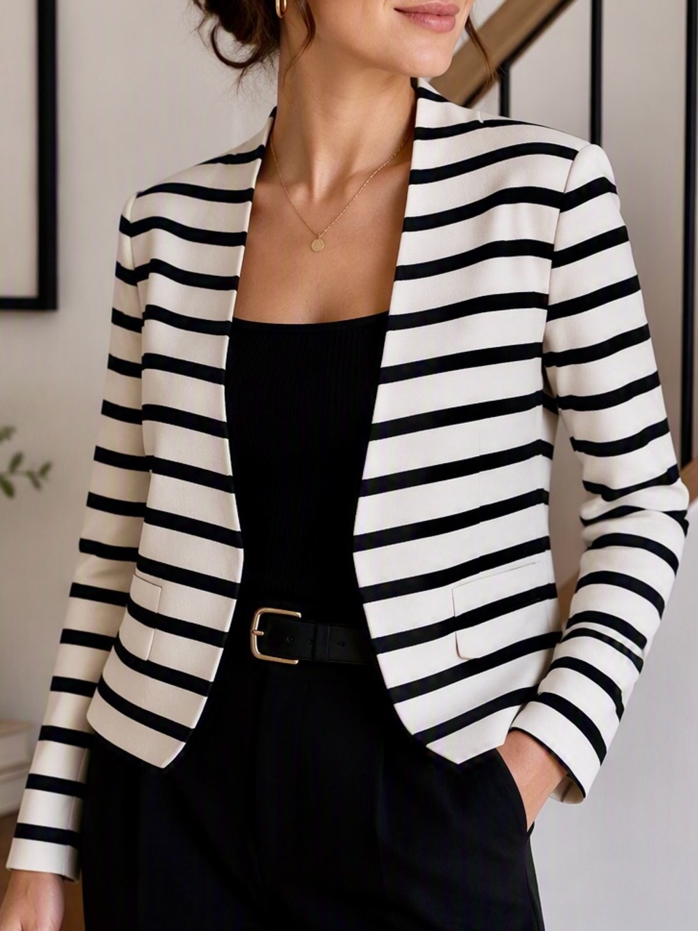 Simons Black & White Striped Open Cardigan